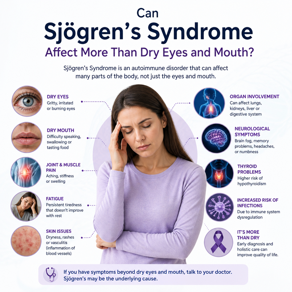 Infographic showing Sjögren’s syndrome symptoms beyond dry eyes and mouth, including fatigue and joint pain