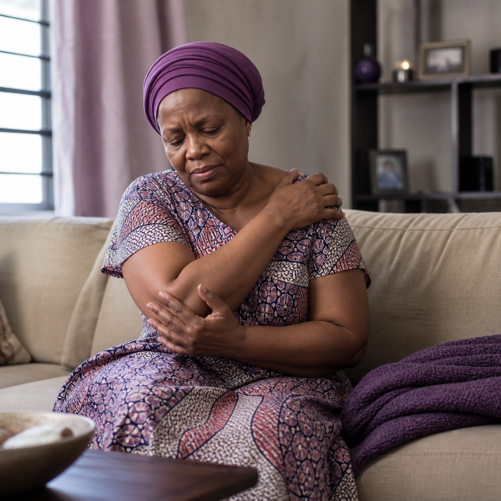 Middle-aged woman sitting on a couch, holding her shoulder and elbow in pain.