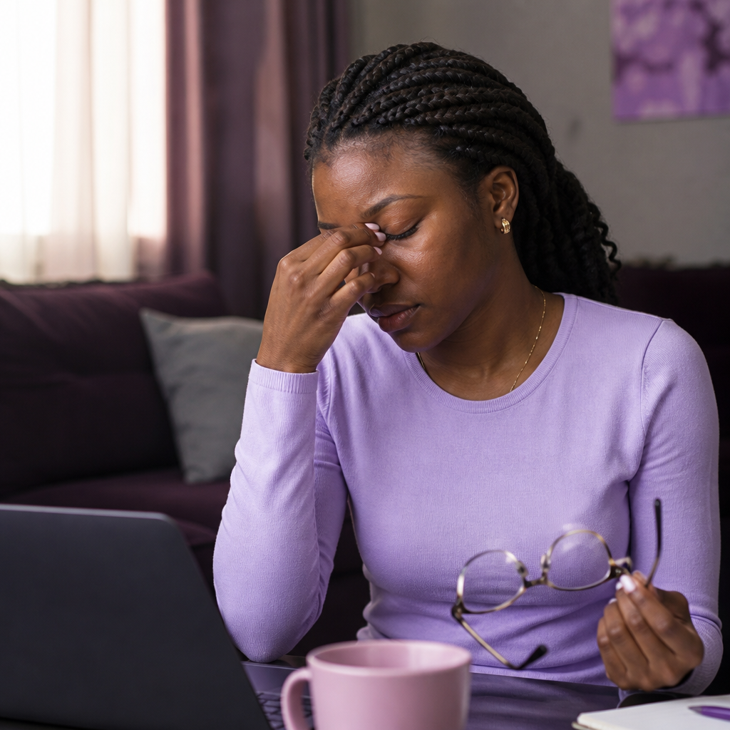Stressed woman rubbing her dry eyes while working on a laptop at home