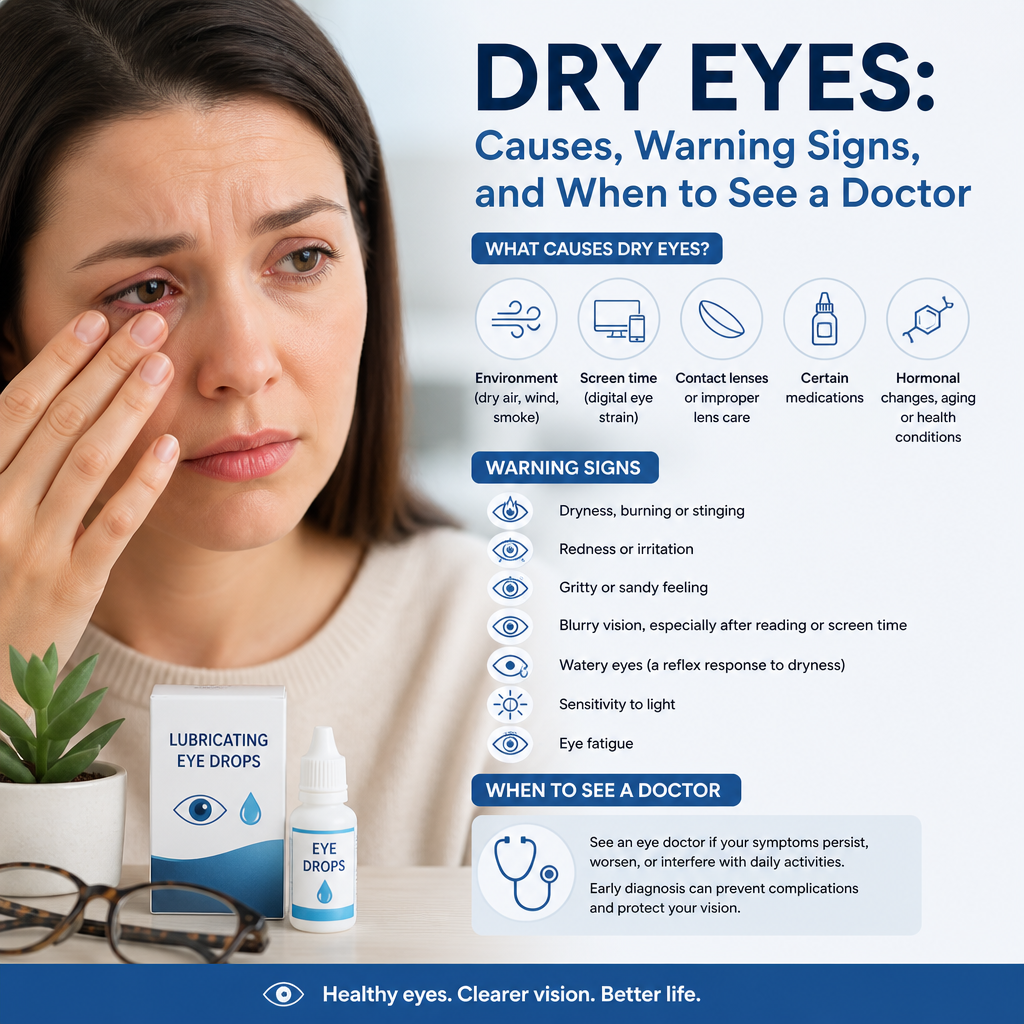 Infographic on dry eyes: causes, warning signs, and when to see a doctor