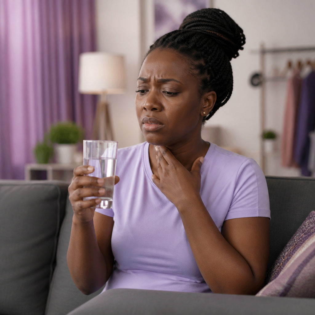 Woman with throat pain holding a glass of water at home, illustrating dry mouth symptoms