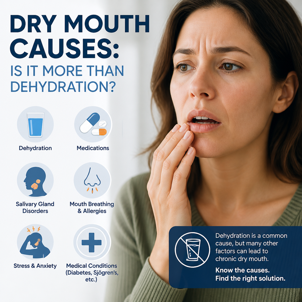Infographic showing dry mouth causes beyond dehydration: medications, salivary gland disorders, mouth breathing, stress, and