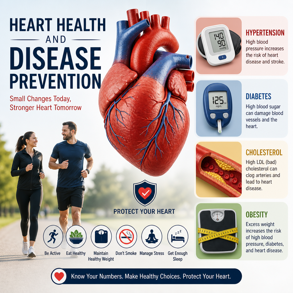 Infographic on heart health prevention with tips for hypertension, diabetes, cholesterol, and obesity management