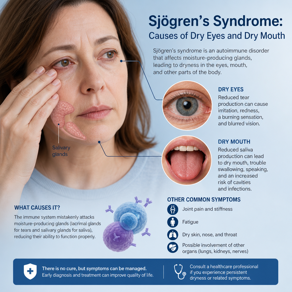 Infographic on Sjögren’s syndrome showing causes, symptoms, and effects of dry eyes and dry mouth
