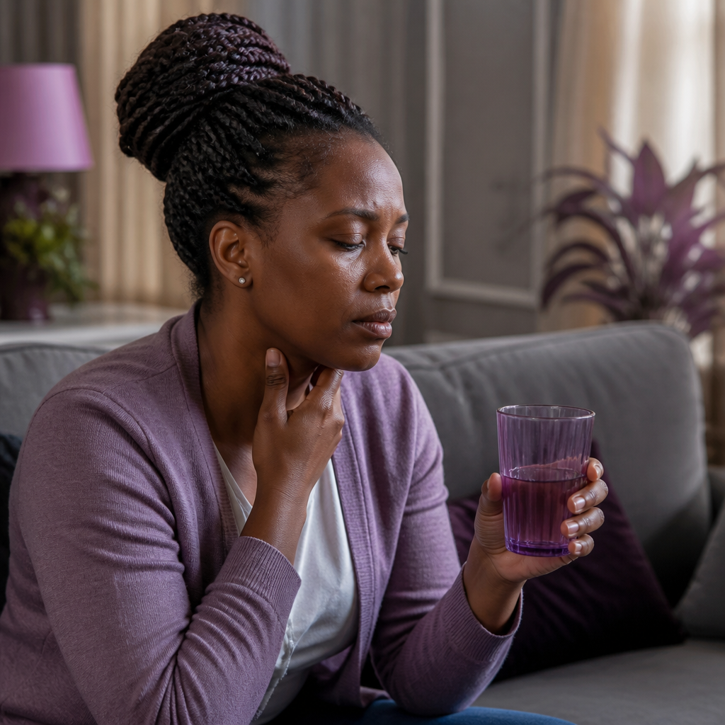 Woman with throat pain holding a glass of water at home, suggesting dry mouth symptoms of Sjögren’s syndrome