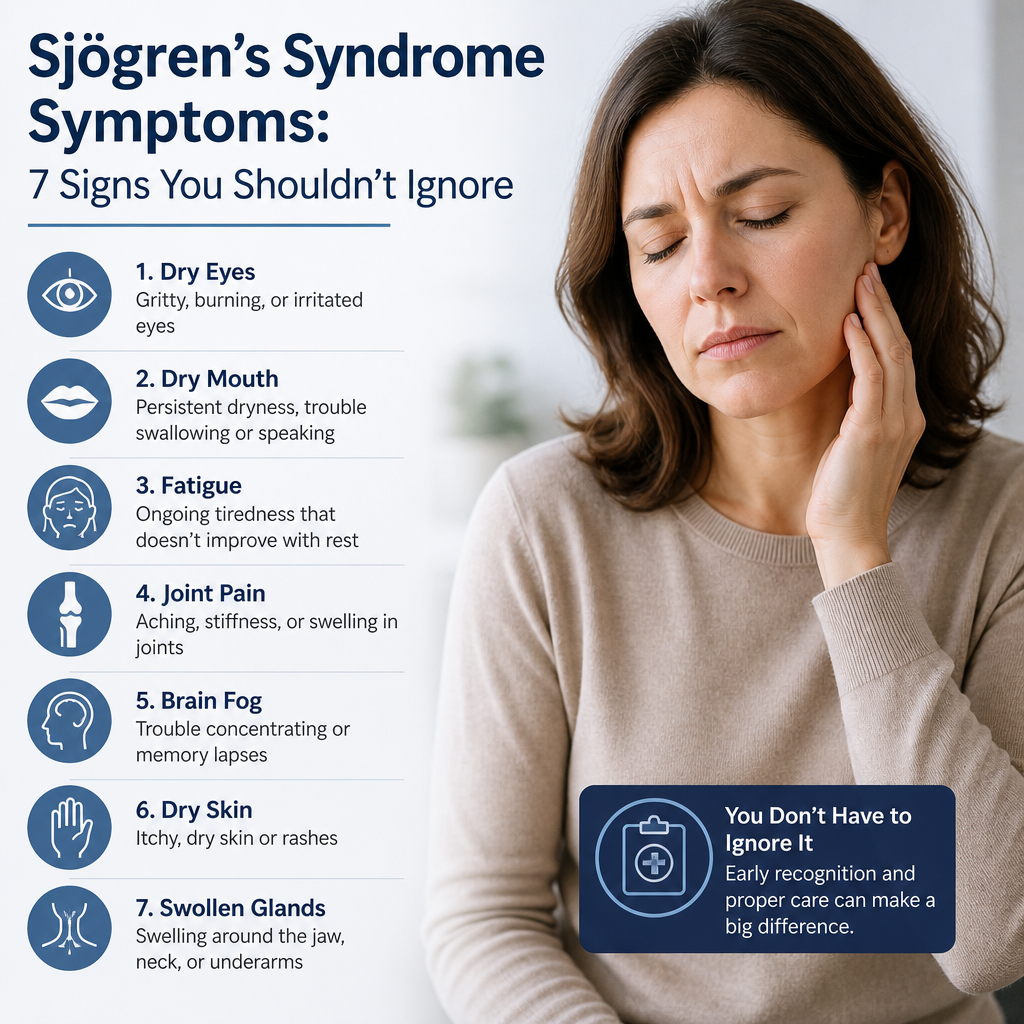 Infographic of 7 Sjögren’s syndrome symptoms with a woman showing discomfort