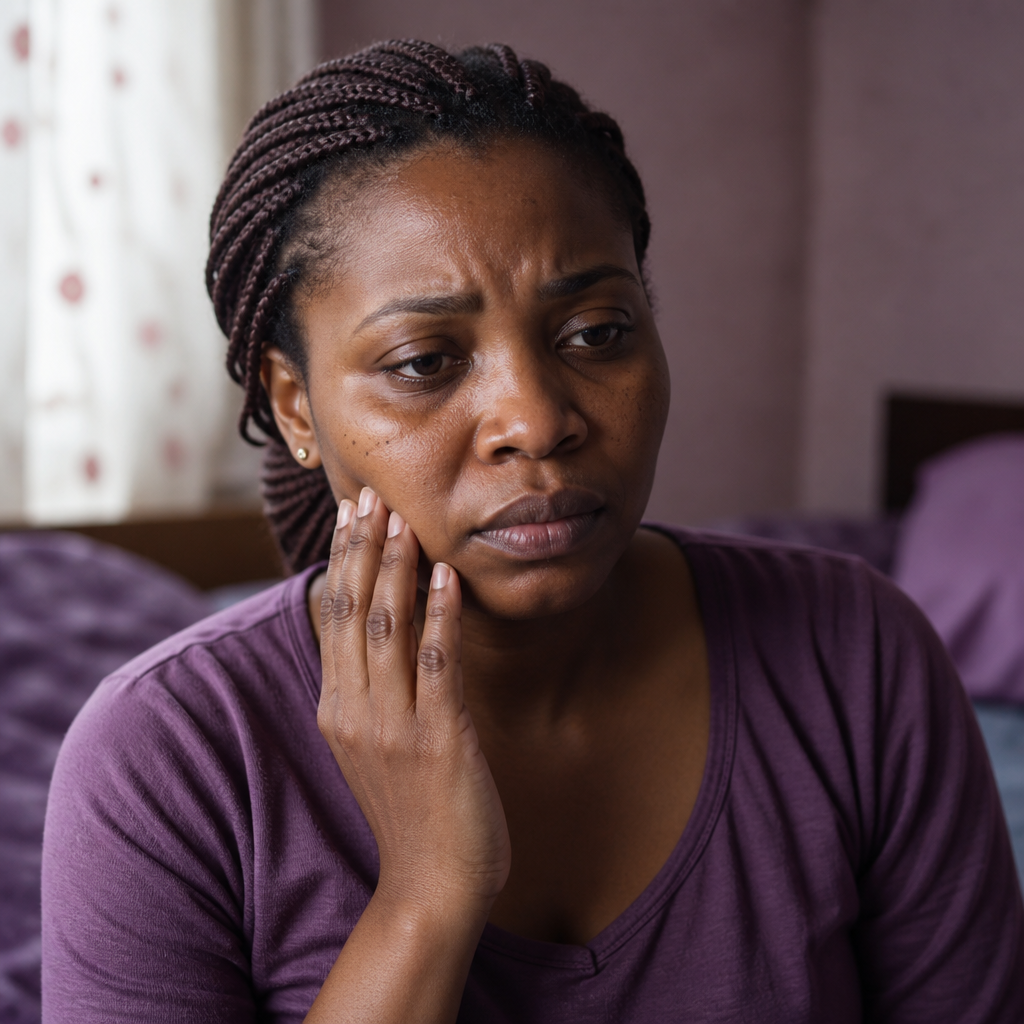 Woman sitting indoors holding her jaw in discomfort, illustrating Sjögren’s syndrome symptoms like jaw pain.