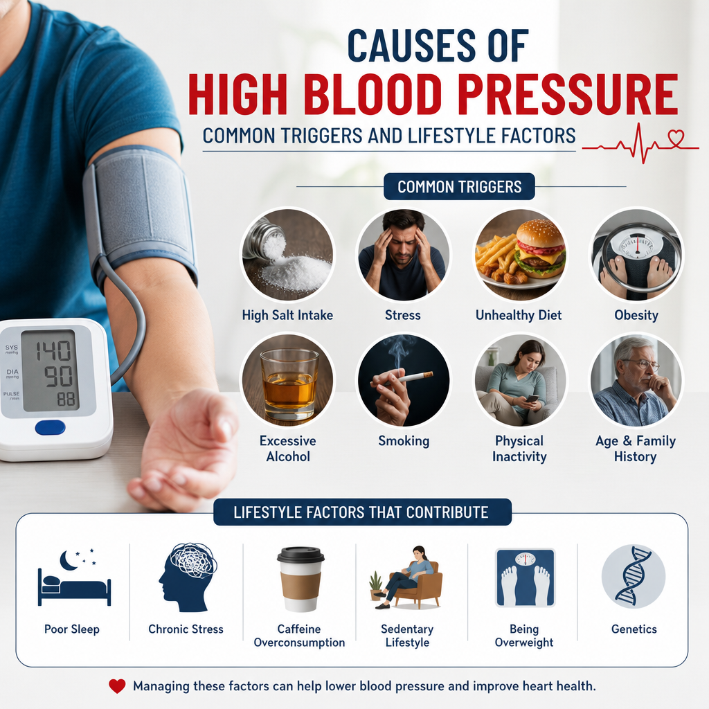 Infographic of common causes of high blood pressure, including salt, alcohol, smoking, stress, and weight