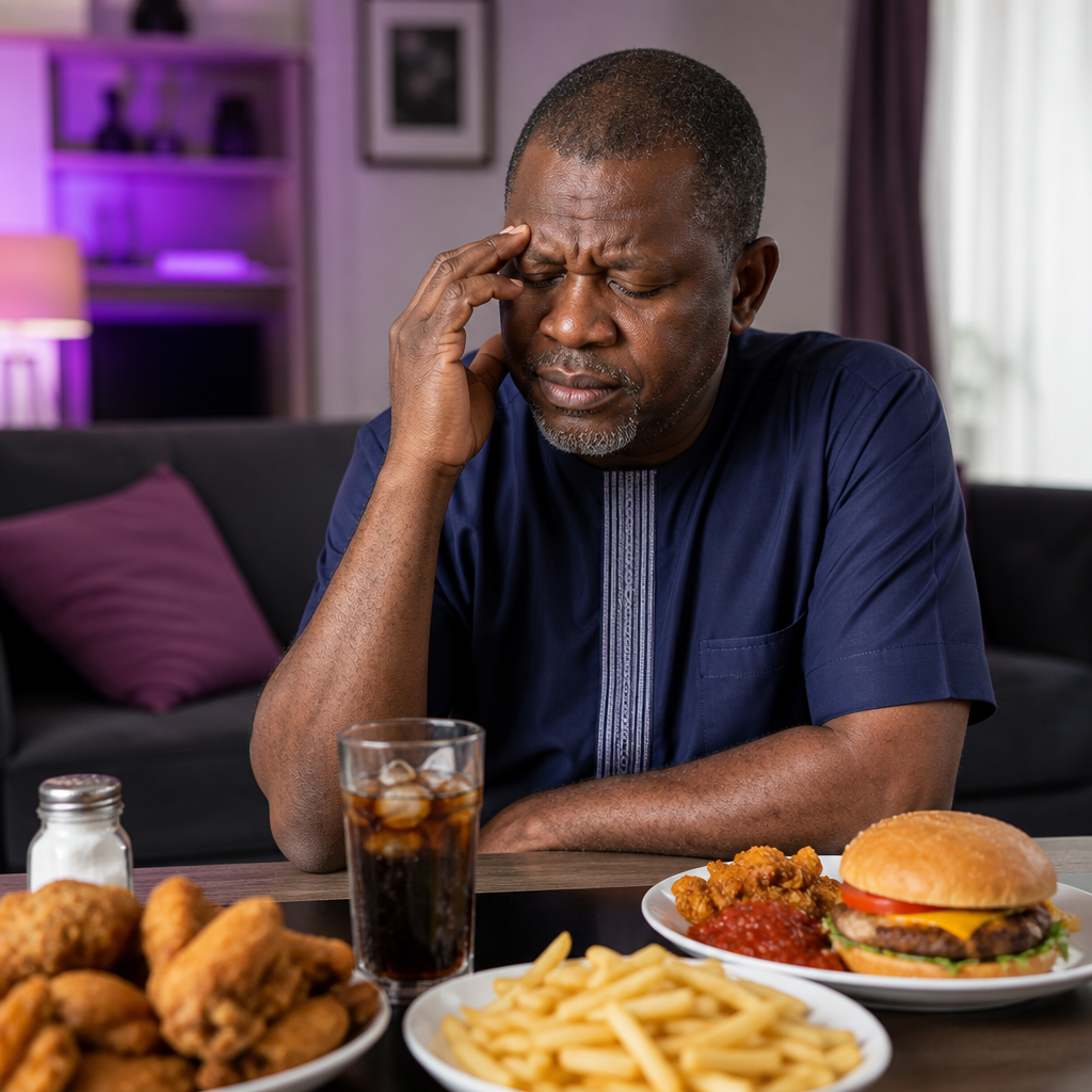 Middle-aged man with headache at table of fried chicken, fries, burger, and soda, illustrating high blood pressure causes