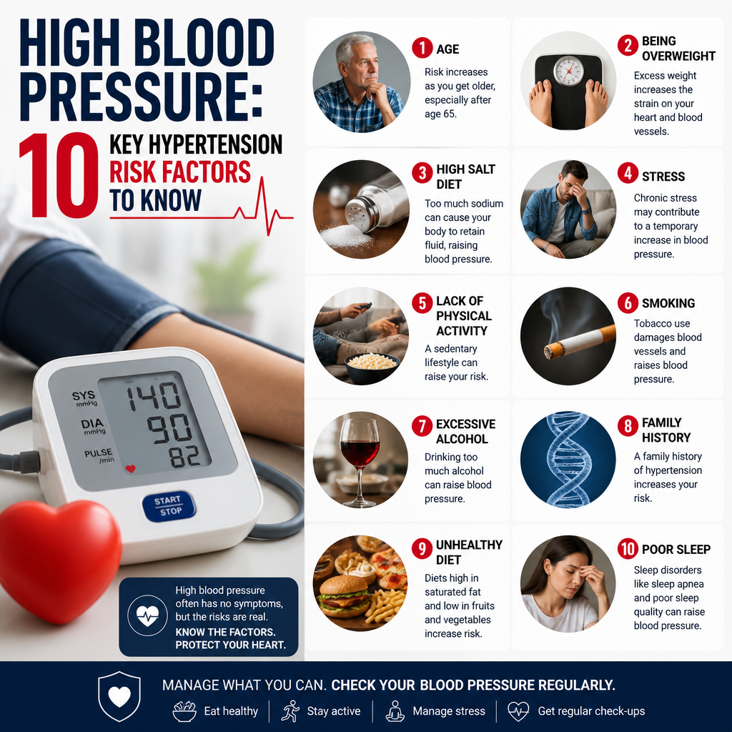 Infographic of 10 hypertension risk factors, including age, diet, stress, obesity, and inactivity