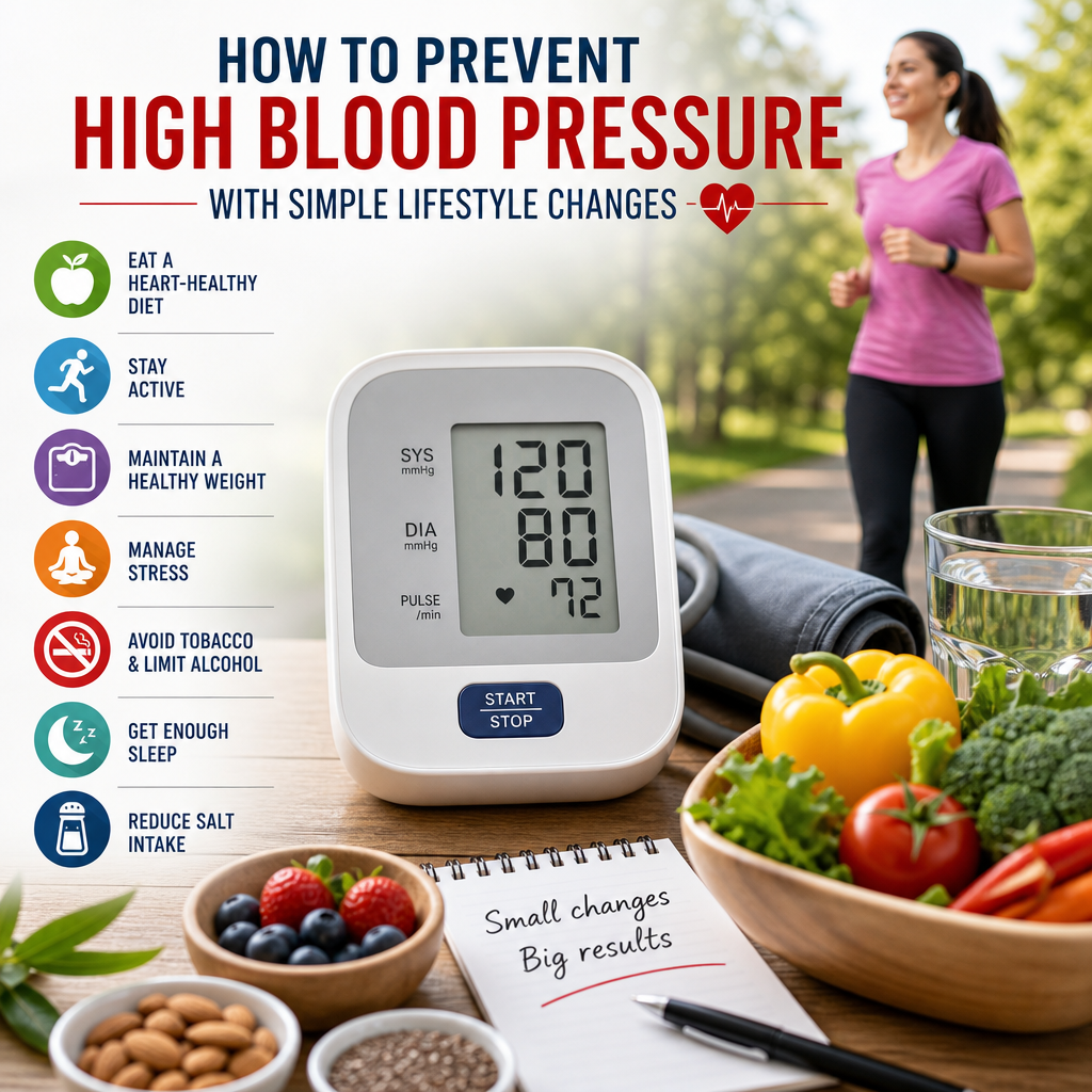 Infographic on simple lifestyle changes to prevent hypertension, including diet, exercise, and stress management.
