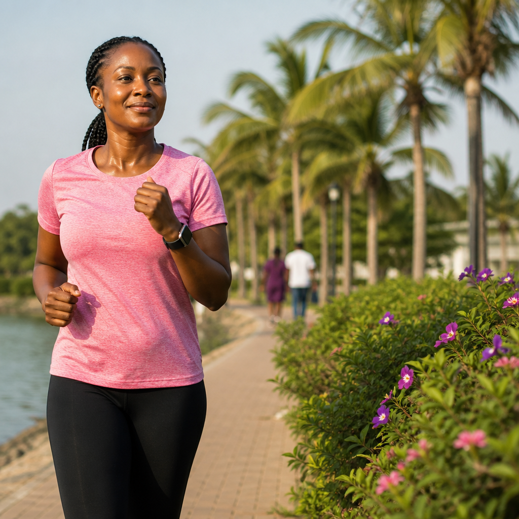 Woman jogging on a palm-lined path by water to illustrate healthy habits for preventing hypertension