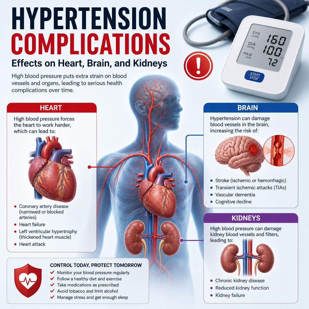 Infographic showing hypertension complications affecting the heart, brain, and kidneys, with prevention tips