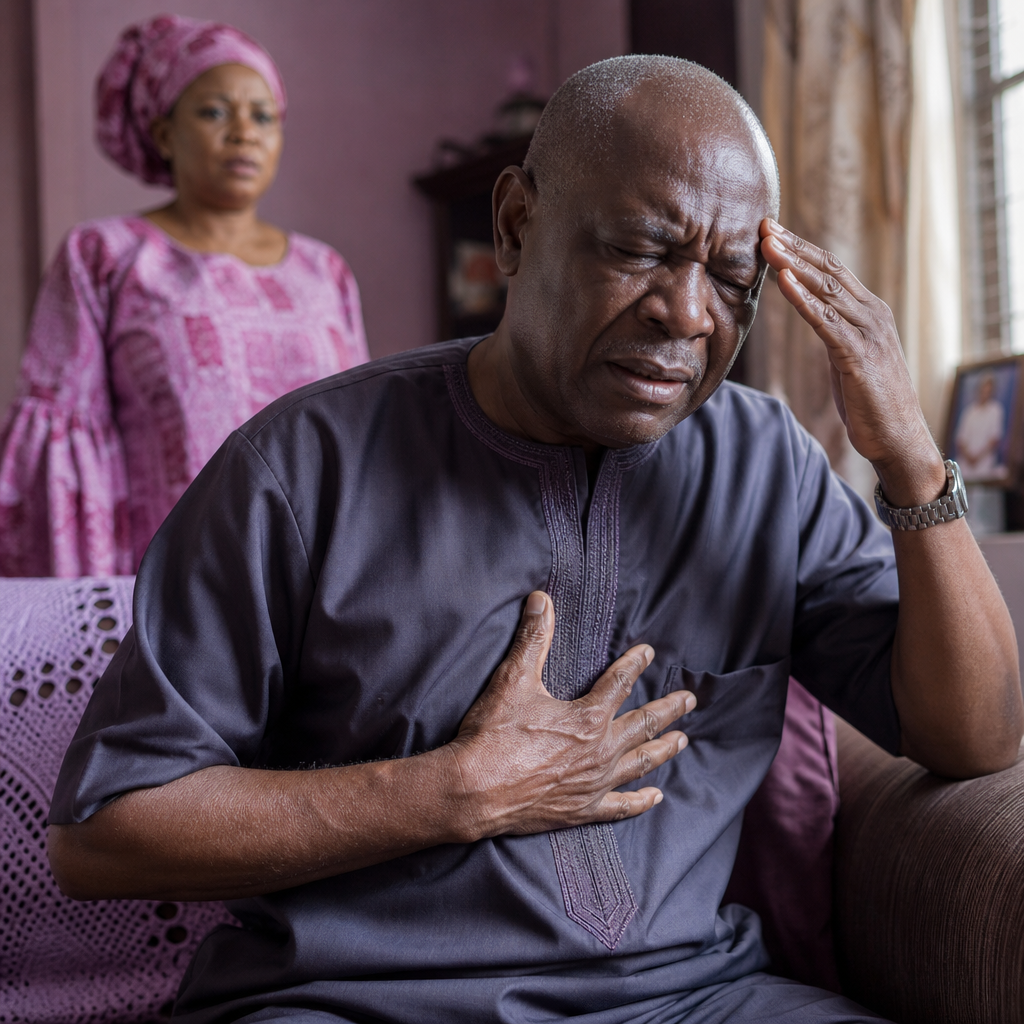 Elderly man clutching his chest in pain while a concerned woman stands behind him
