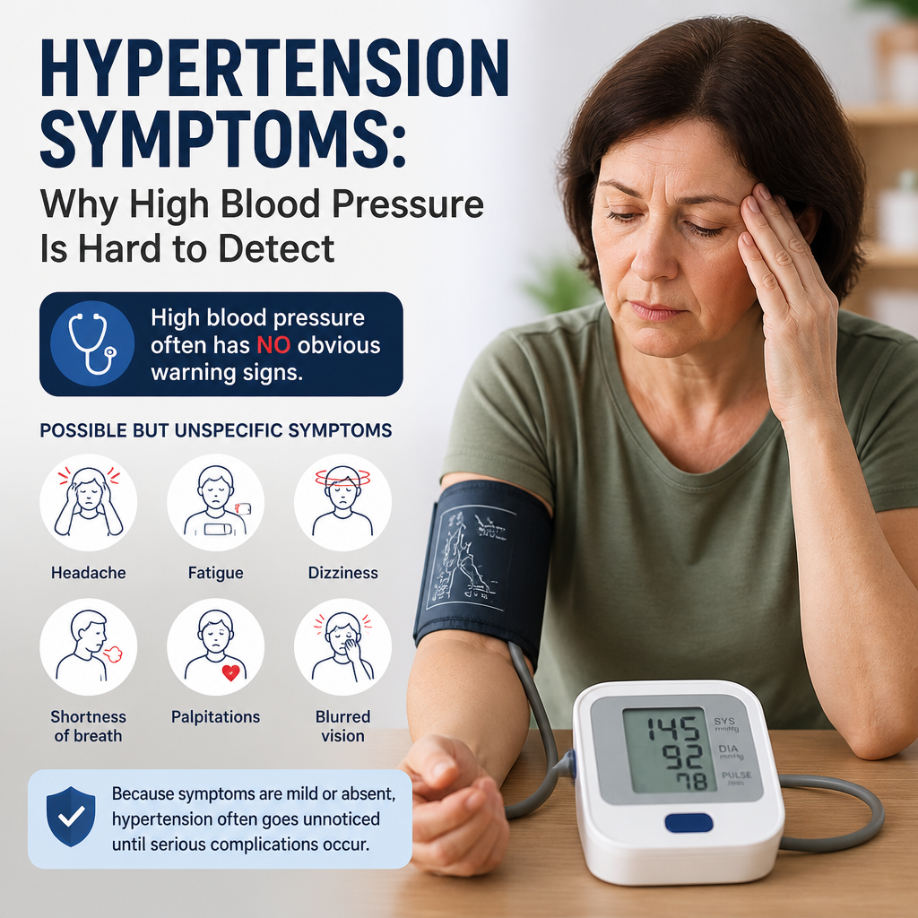 Person holding head with headache, fatigue, and dizziness icons, showing subtle hypertension symptoms