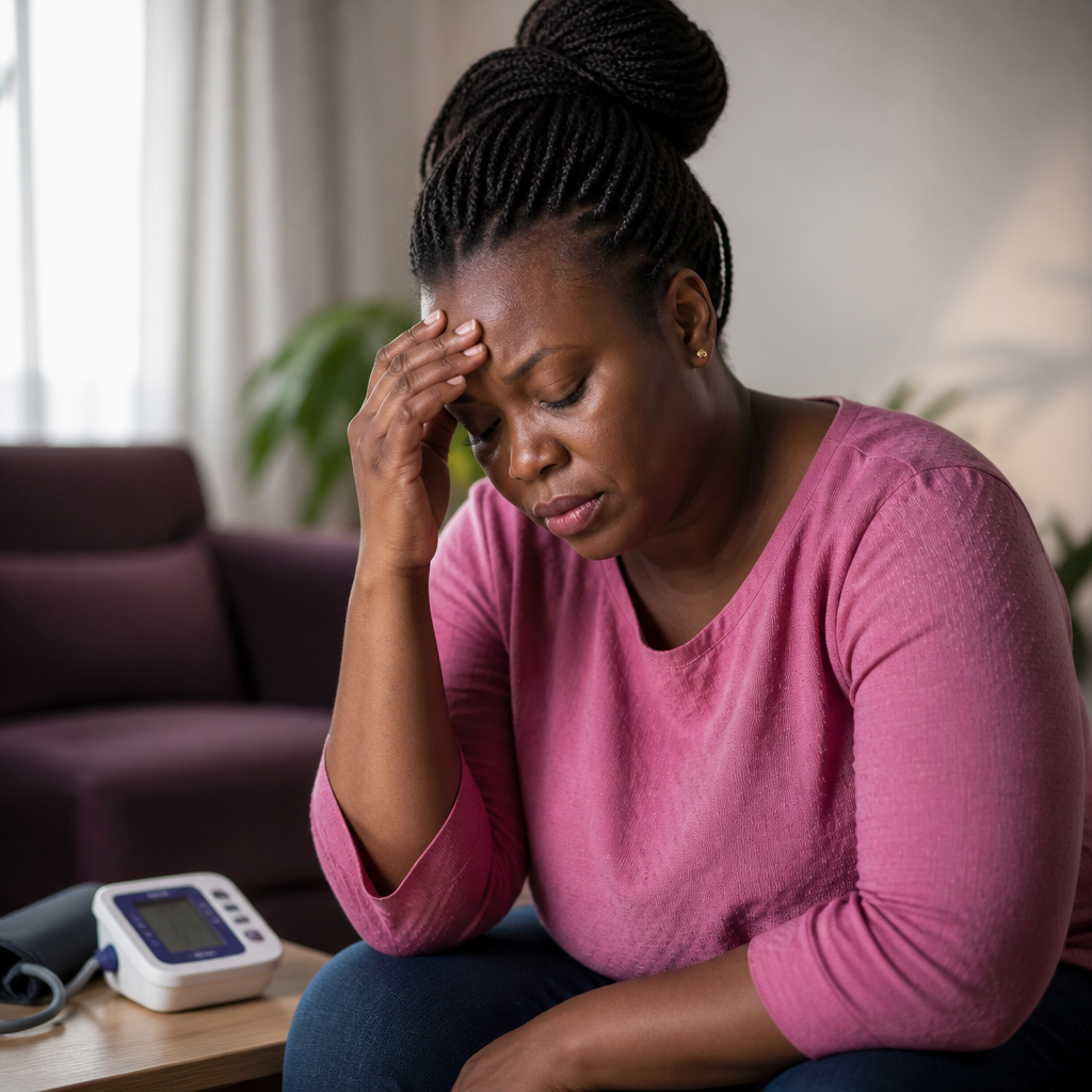Woman with a headache beside a home blood pressure monitor, showing possible hypertension symptoms
